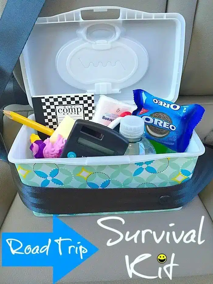 A box labeled "Road Trip Busy Bags Survival Kit" sits on a car seat, containing all the essentials: a notebook, a pack of tissues, a pencil, a toy dinosaur, a camera, a water bottle, and Oreo cookies.