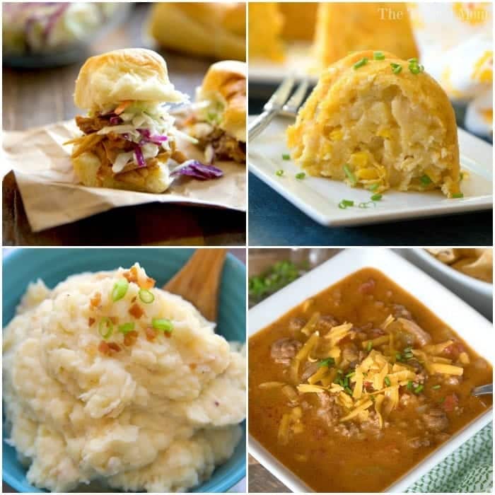 A collage of four irresistible dishes: pulled chicken sliders, cornbread on a plate, mashed potatoes in a bowl, and a delectable bowl of chili with cheese garnish. Perfect examples of satisfying instant pot recipes that bring comfort to any table.