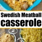 Easy Swedish meatball casserole in a blue dish, featuring tender meatballs, noodles, rich cream, crispy fried onions, and gooey shredded cheese.