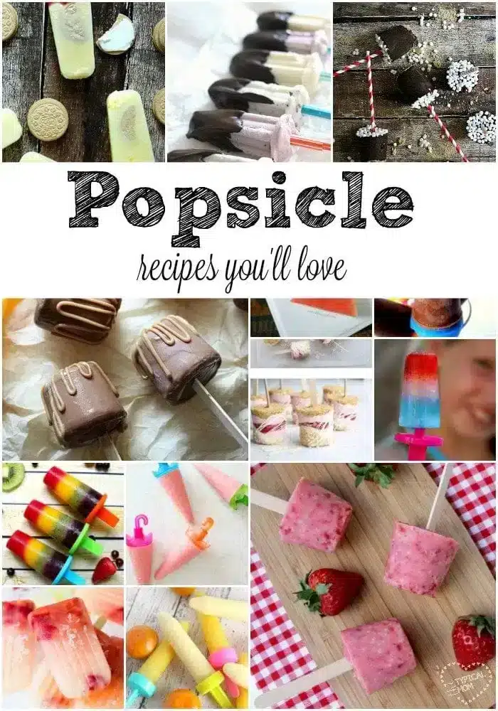 Collage of various popsicles, including chocolate-dipped, fruit-flavored, and rainbow styles. Text in the center reads "Popsicle recipes you'll love." Discover delightful popsicle recipes amid a background featuring ingredients like strawberries and cookies.