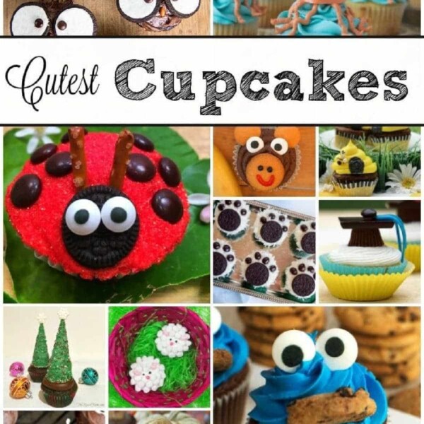 A collage of cute cupcakes, creatively decorated with animals and playful designs.