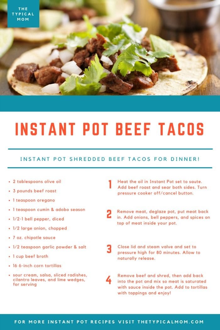 Instant Pot shredded beef tacos recipe you can make for dinner tonight! Flavorful tender beef in your Instant Pot has never been easier! #pressurecooker #instantpot #shredded #beef #tacos #healthy #easy Pressure Cooker Shredded Beef