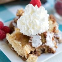 A delightful apple spice dump cake sits on the plate, topped with crumbled goodness, a dollop of whipped cream, and a single raspberry. The background features vibrant raspberries and a quaint bowl, setting the perfect scene for this autumn-inspired dessert.