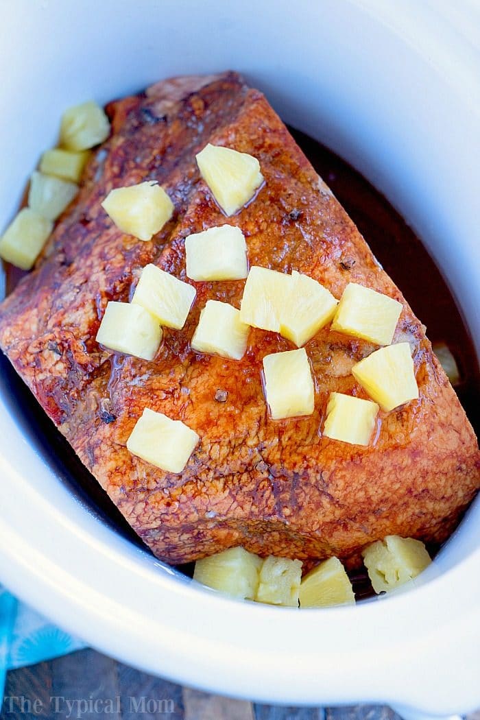 Brown Sugar Bourbon Slow Cooker Spiral Ham - Basil And Bubbly