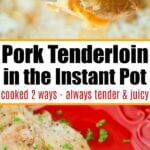 Pork tenderloin with savory French onion flavors on a fork, paired with a perfectly cooked loin displayed on a red plate. Discover innovative cooking methods, including using an Instant Pot, to achieve this delectable dish.