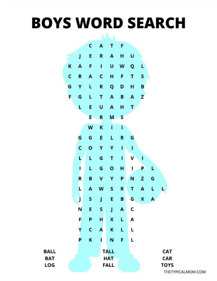 Free Printable Kindergarten Word Search Boy and Girl