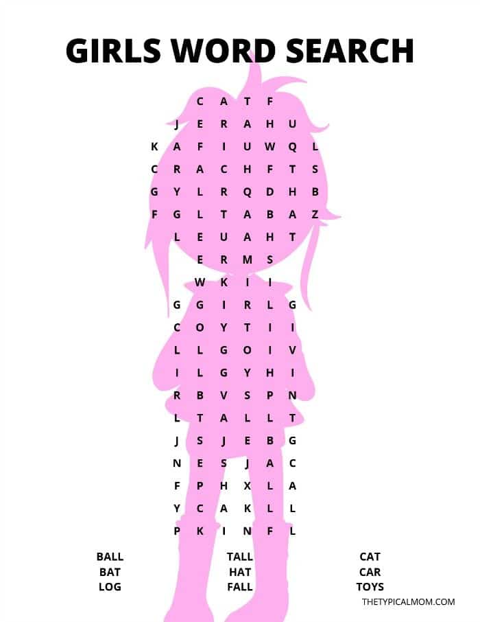 Free Printable Kindergarten Word Search Boy and Girl