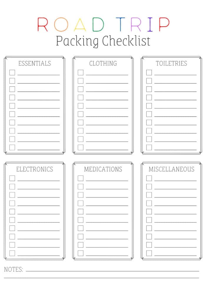 Free Road Trip Packing List Printable - Road Trip Checklist PDF