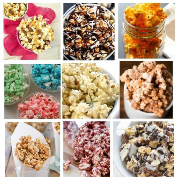 A grid of 12 flavored popcorn recipes is displayed. Each square showcases a unique variety with assorted toppings and colors. The text above the grid reads 12 Popcorn Recipes.