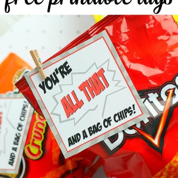 Image of two bags of chips with a tag attached by a clothespin. The valentines tag reads, "You're all that and a bag of chips!" The background is white with text at the top saying, "Valentine's Day free printable tags.