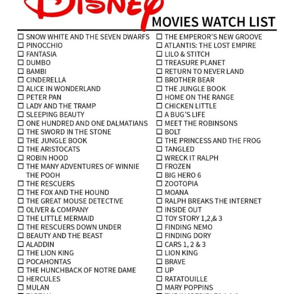 A checklist titled Disney Original Movies Watch List includes classic films like Snow White, The Little Mermaid, The Lion King, Frozen, and more, with boxes for marking each watched movie.