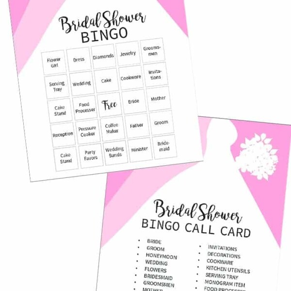 Bridal shower bingo cards featuring a pink background elevate the fun at any bridal celebration. One card displays a 5x5 grid filled with bridal shower-related words, while the other card lists exciting words to call out, ensuring an engaging and memorable event for everyone involved.