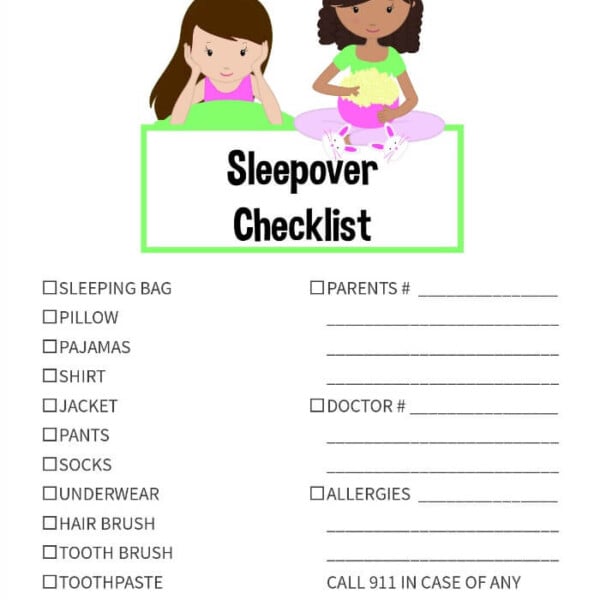 Illustrated sleepover checklist featuring essentials like a pillow, pajamas, toothbrush, and vital contact information for parents and doctor.