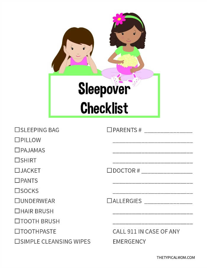 FREE Sleepover Packing List Printable