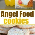 Fanta pineapple soda and angel food cake mix create a delightful treat, with a stack of cookies on a wooden plate.