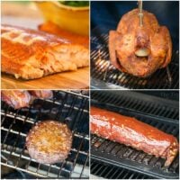 A collage of four images showcasing dishes cooked with electric smoker recipes: top left is a grilled salmon fillet, top right features a whole chicken with a thermometer, bottom left displays a juicy burger patty, and bottom right presents tender ribs slathered in barbecue sauce.