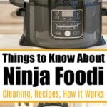 Ninja Foodi Pressure Cooker and Air Fryer on a kitchen counter, with the lid open and display panel visible; text about cleaning and delicious recipes.