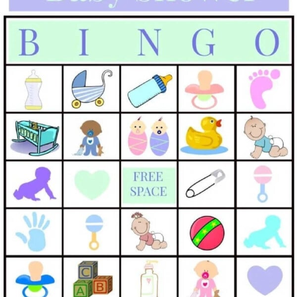 A charming baby shower bingo card adorned with delightful baby-themed icons, such as a bottle, pacifier, duck, crib, and cuddly stuffed animals.