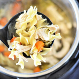 A ladle serves savory chicken noodle soup with carrots, expertly made from a pressure cooker using classic chicken soup recipes.