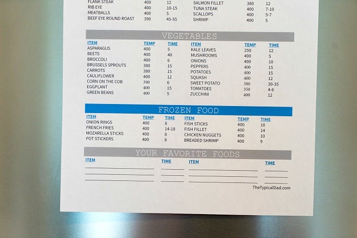 Air Fryer Oven Cooking Chart