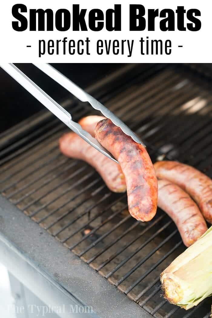 Smoked brats are a delicious lunch or dinner idea you can make in your pellet or electric smoker this week! If you haven't smoked sausage yet, try this! #smokerrecipes #smoked #smoker #sausage #brats #traeger smoker recipes