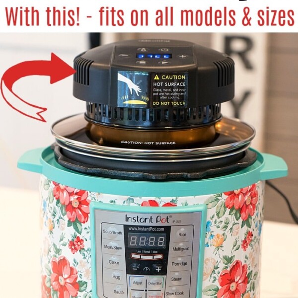 An Instant Pot with a floral design is displayed, featuring an air fryer lid attachment on top. The text above reads, Transform Your Instant Pot Into an Air Fryer With This! - fits all models & sizes. A red arrow highlights the attachment, showing how to turn an instant pot into an air fryer effortlessly.