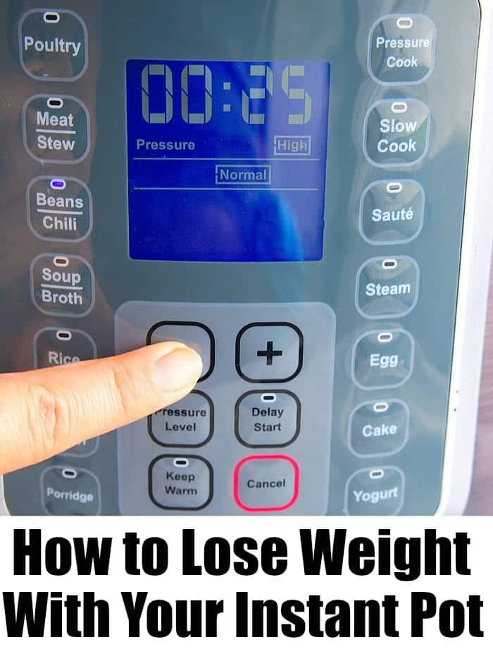 Low Fat Instant Pot recipes. Dry beans turn tender in no time. #blackbeans #instantpotbeans #instantpotblackbeans #ninjafoodibeans #ninjafoodi #foodi #crockpotexpress #thetypicalmom A finger presses a button on an Instant Pot; text below reads, How to Lose Weight With Your Instant Pot using instant pot bean recipes.