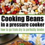 A vibrant mix of assorted beans and a bowl of savory, cilantro-garnished beans, artfully labeled as the perfect way to enjoy cooking beans in a pressure cooker.