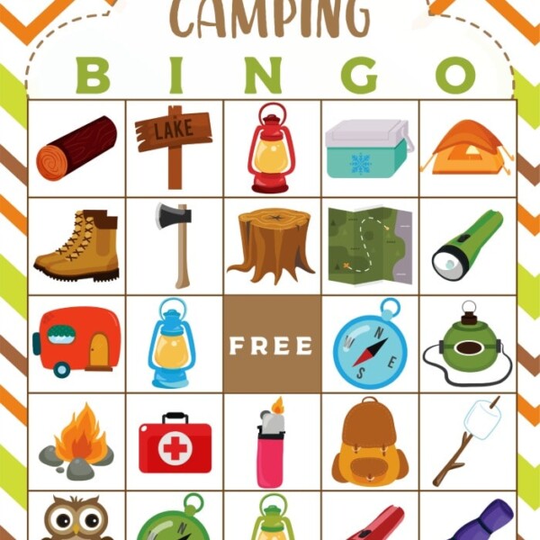 The camping bingo card features charming images like a lakeside sign, trusty lantern, cooler, cozy tent, sturdy boots, axe-ready stump, detailed map, flashlight glow, trailer vibes, crackling campfire, handy first aid kit, reliable compass, kettle steam, wise owl, busy beaver and marshmallow delight.