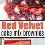 Red velvet brownies from cake mix stacked on top of each other with baking instructions in the background.