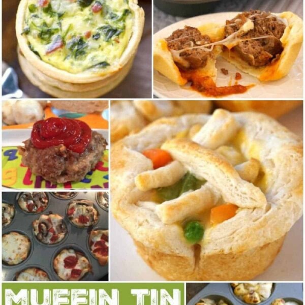 A collage of muffin tin meals and desserts showcases delectable creations like vegetable quiche, a savory meatball dish, frosted cupcake delights, pot pie packed with mixed veggies, and more. Text overlay reads Muffin Tin Recipes: Dinners & Desserts.