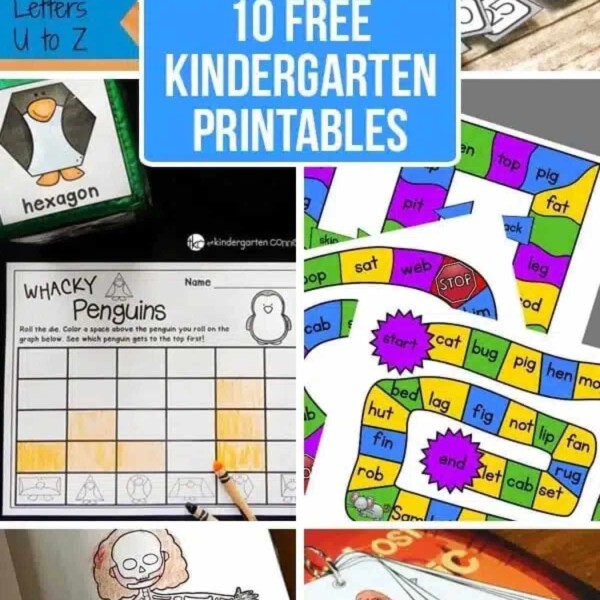 Collage of colorful free kindergarten printables, including letters, shapes, games, and activities for kids.