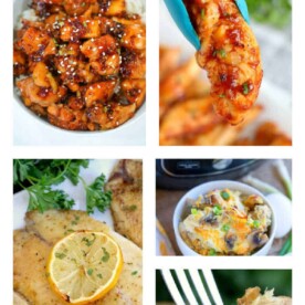 Collage of various dishes: glazed chicken, seasoned fillet with lemon, and savory casserole with vegetables—all perfect examples of healthy electric pressure cooker recipes.