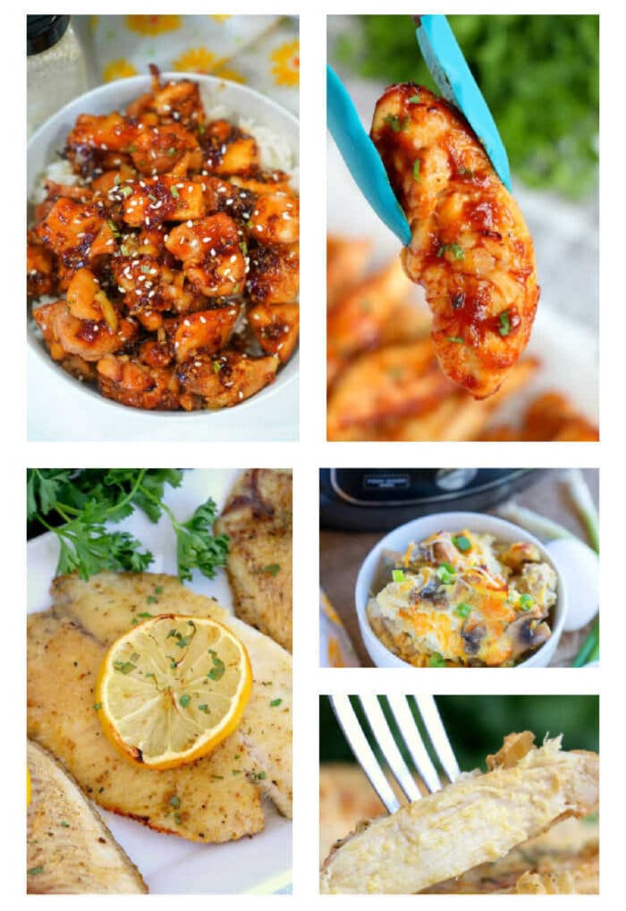 Collage of various dishes: glazed chicken, seasoned fillet with lemon, and savory casserole with vegetables—all perfect examples of healthy electric pressure cooker recipes.