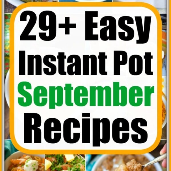 Collage of delicious dishes, including soups, stews, and rice meals, encircling bold, colorful text that reads 29+ Easy Instant Pot September Recipes.