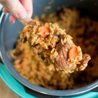 A hand holds a spoonful of hearty beef stew over an instant pot filled with a delicious casserole of cooked rice, tender beef, and vibrant vegetables. The dish features chunks of beef and carrots, elegantly garnished with fresh green herbs.