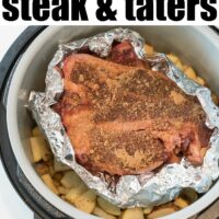 An image of a steak seasoned and nestled among foil-wrapped spuds inside a Ninja Foodi cooker. The text at the top reads Ninja Foodi steak & mashed potatoes, promising a delicious culinary adventure.