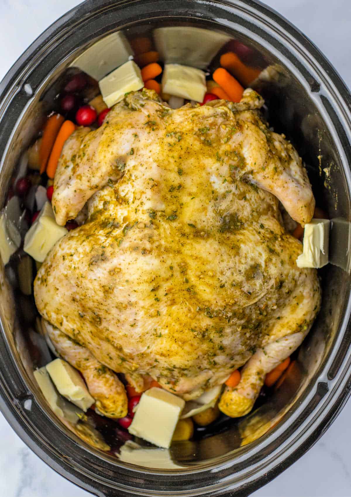 Whole Chicken in Crockpot Slow Cooker with Potatoes and Carrots