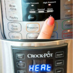 Close-up of two kitchen appliance control panels. The top panel features a finger pressing a button on what appears to be an Instant Pot set to 23 minutes. Below, the Crock-Pot Express shows the word HEAT on its display.