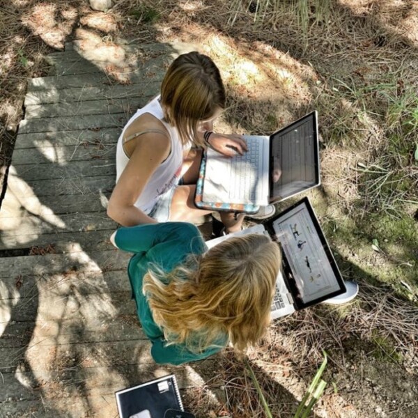 Two people are sitting outdoors on a wooden path, using laptops. One is typing, while the other studies a homeschool middle school webpage on their screen. They are surrounded by dry grass and foliage, with a smartphone placed nearby on the ground.