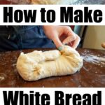 Step-by-step guide: kneading dough, shaping dough, and enjoying the aroma of freshly baked homemade white bread as two golden loaves rest on a cooling rack.