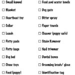 New puppy checklist with essentials like a kennel, leash, toys, and medical records neatly organized in columns.