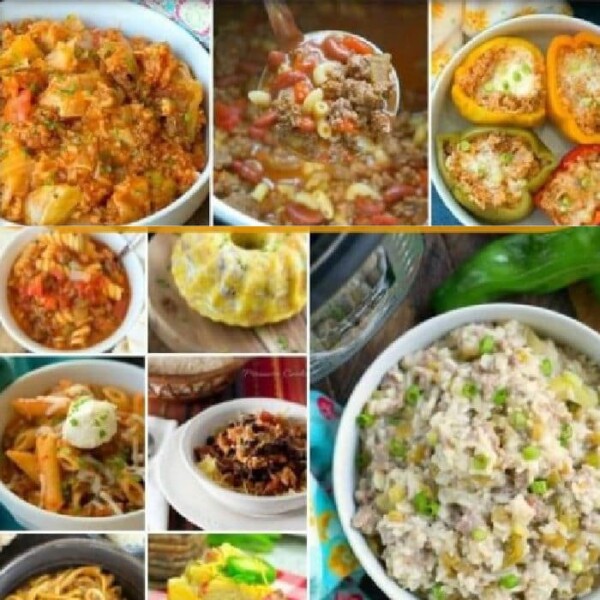 A collage of various dishes, including pasta, stuffed bell peppers, an instant pot sausage recipe, a rice dish, and a cake. The image features different textures and colors, such as reds, greens, and yellows, highlighting a variety of cuisines and cooking styles.