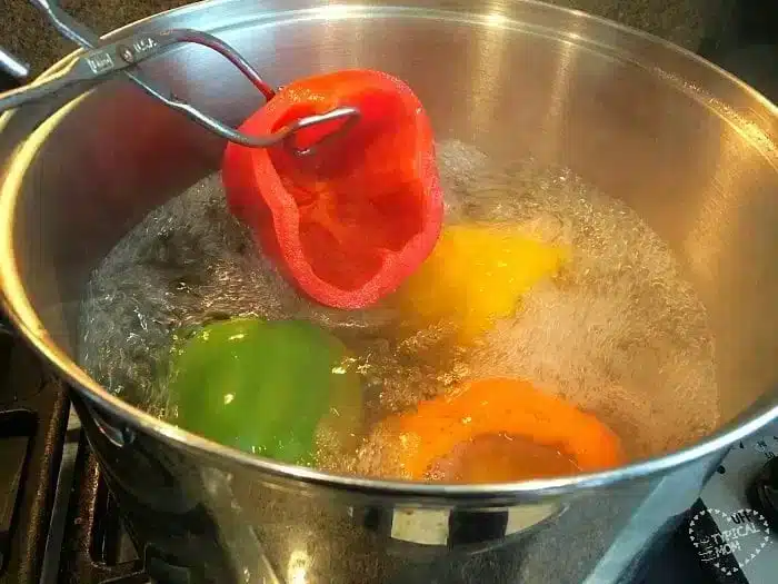 A stainless steel pot filled with boiling water on a stove holds green, yellow, and orange bell peppers. A metal utensil expertly demonstrates how to blanch bell peppers by submerging a red one into the water.