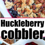 Delicious cobbler topped with juicy huckleberries, served in a rustic dish, ready to enjoy.