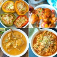 Four delicious dishes: stuffed peppers, a tender chicken drumstick, flavorful curry chicken, and pasta with rich tomato sauce and cheese—all easily crafted as cheap Instant Pot recipes.