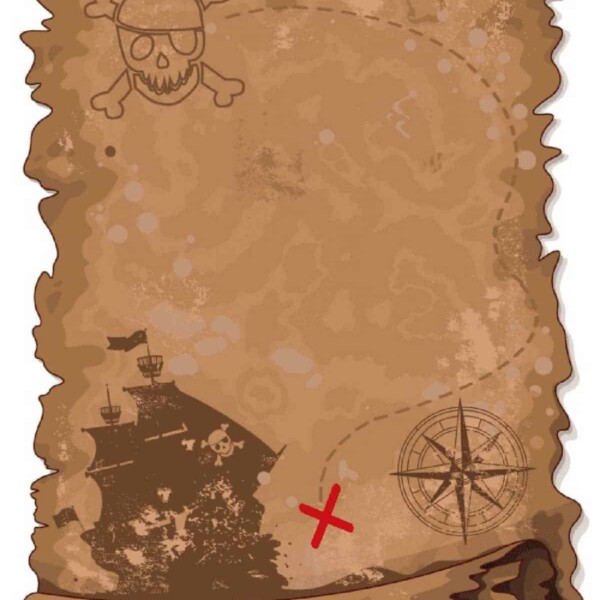 An ancient pirate treasure map features a detailed pirate ship, ominous skull, and compass guiding the way to a red X marking the hidden hoard's location.