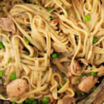 Savor the delightful twist on classic comfort food: Pasta with chicken, mushrooms, and peas gently stirred in a creamy sauce, reminiscent of an instant pot turkey tetrazzini.