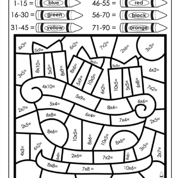 Christmas color by number worksheet featuring a sleigh design with math multiplication problems in each section for coloring.