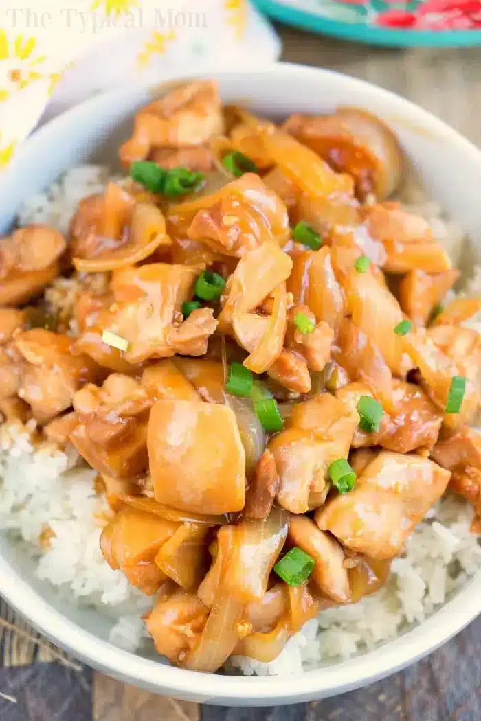 A bowl of rice topped with tender hoisin chicken, cooked to perfection in a pressure cooker, and garnished with chopped green onions. The dish is placed on a colorful surface.